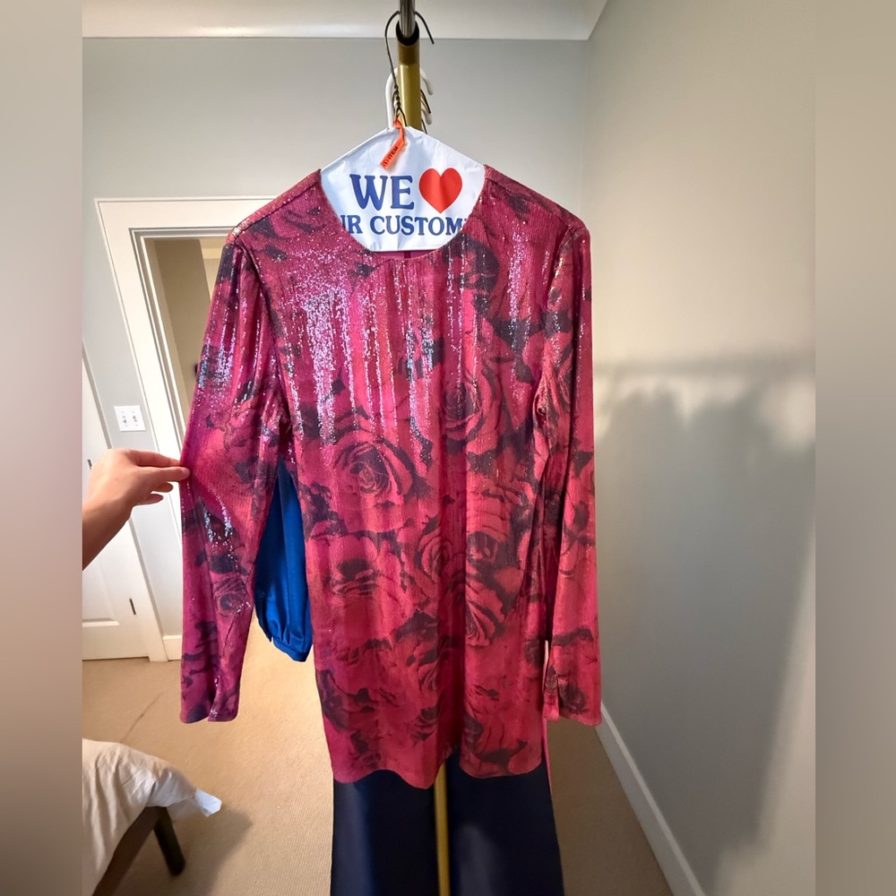 Amanda Uprichard Sequin Rose-Print Long Sleeve Top - Magenta
